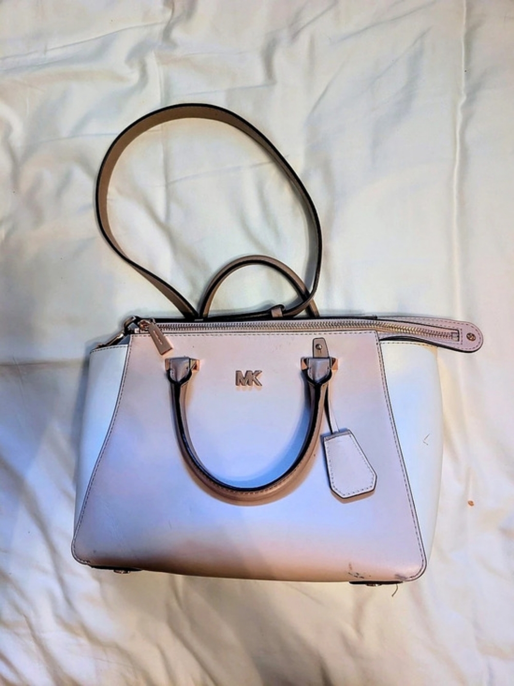 Michael Kors Laila Medium Color-Block Pebbled Leather Satchel in White